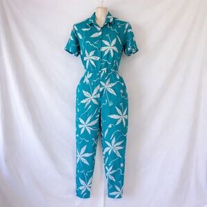 Vintage Teal Jumpsuit with White Leaf Print